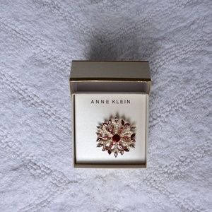 Anne Klein Gold Ruby Red,Pink,Diamond ,Blue Stones. Brooch.